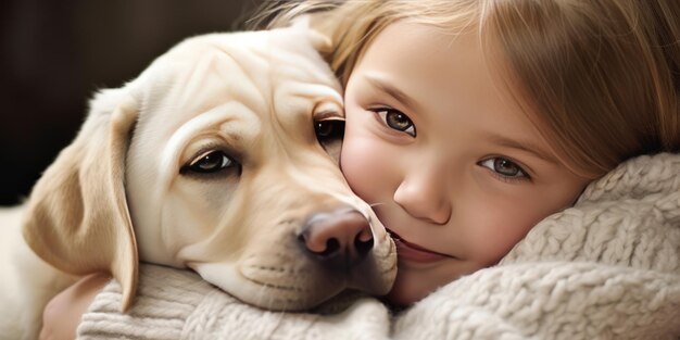 Yellow Labrador Retriever puppy cuddled up with a little girl demonstrating its affectionate