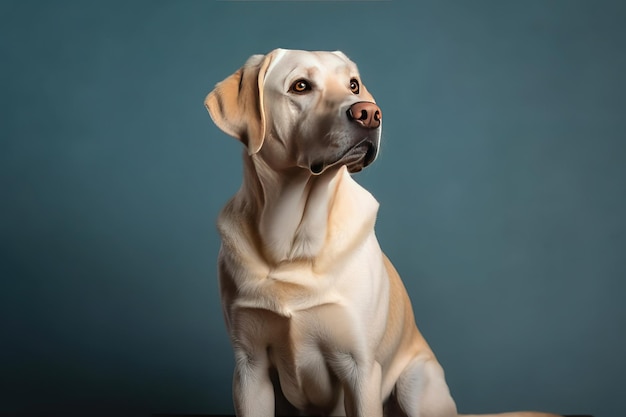 A yellow labrador retriever sits on a blue background.