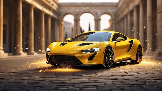 A yellow lamborghini is parked in front of a mountain