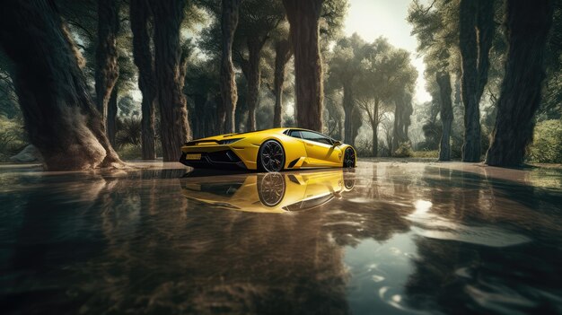 A yellow lamborghini is in the water in a forest.