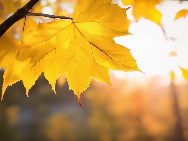 Yellow leaf on branch illuminates tranquil autumn forest at sunset