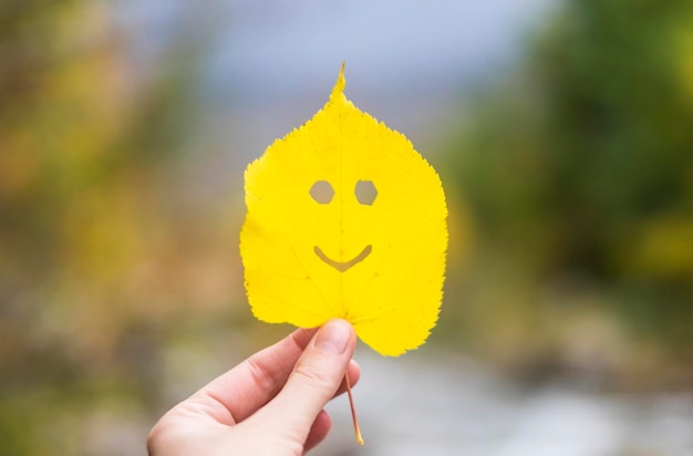 Yellow leaf in a hand happy autumn concept