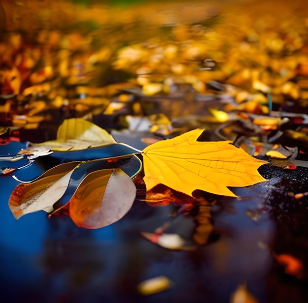 黄色い葉が水たまりの地面に横たわっている