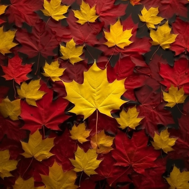 A yellow leaf in a pile of autumn leaves