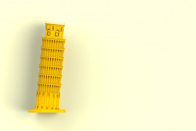 Yellow leaning tower of pisa on yellow background, 3D rendering