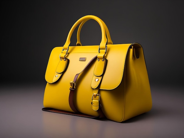 A yellow leather bag with a strap that says " handbag ".