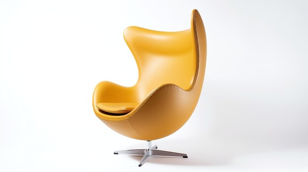 A yellow leather egg chair with a round back on white background