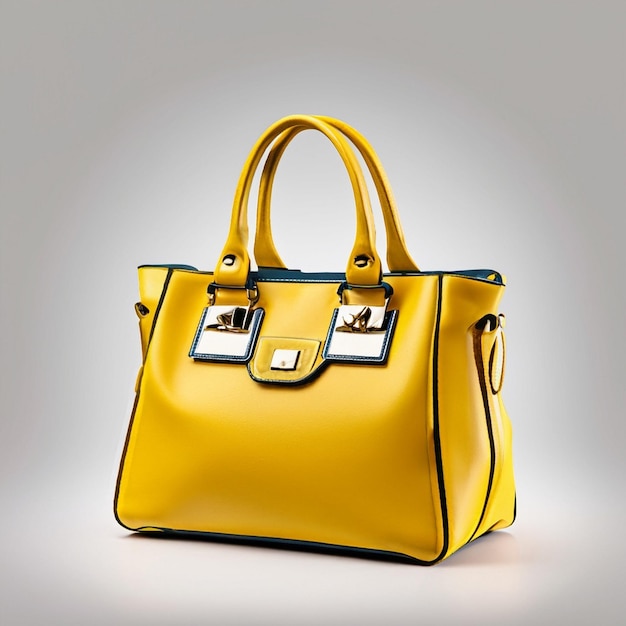 a yellow leather handbag with a black strap.