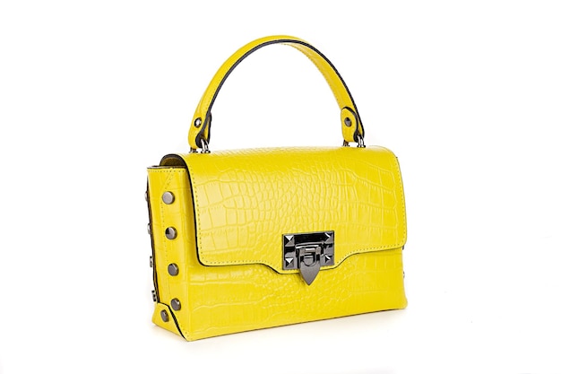 Yellow Leather Women Top Handle Mini Bag Isolated on White Background Front View of Lady Shopping Bag Women's Top Handle Shopper Tote Bag Padlock