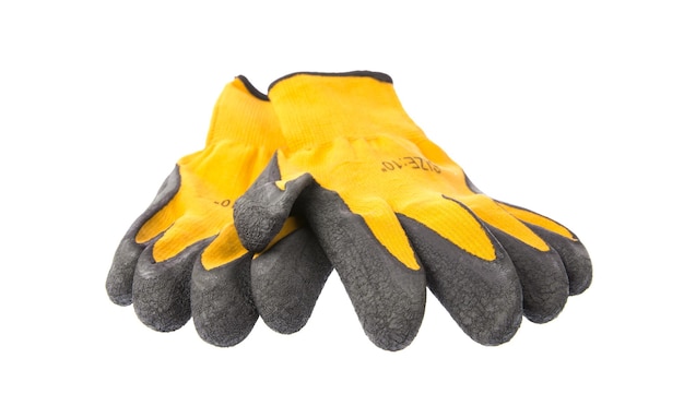 Yellow leather work gloves isolated on white background