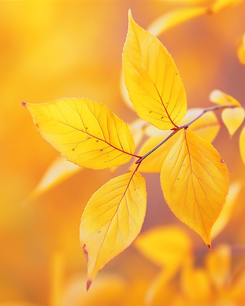 Photo yellow leaves against orange close up shot