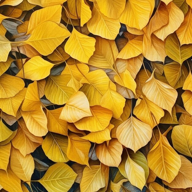 Yellow leaves are scattered on a black background generative ai