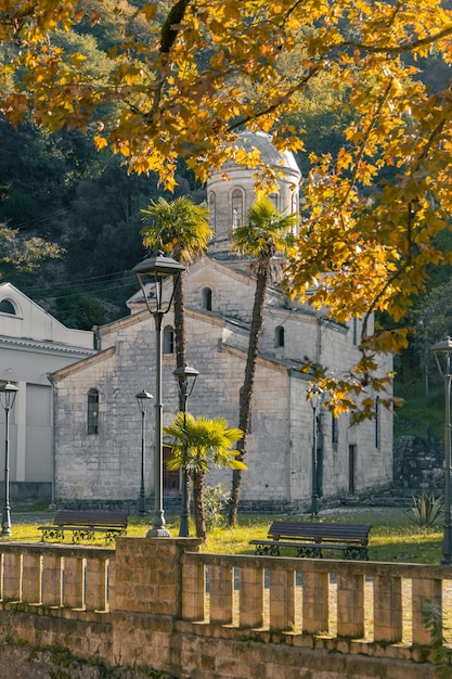 사진 나무와 정통 오래된 교회의 노란 잎