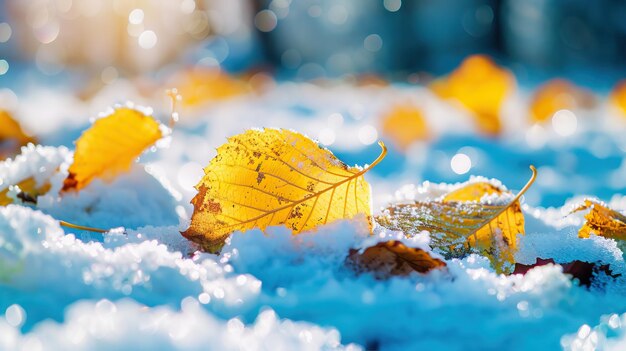 Yellow leaves in snow Late fall and early winter Blurred nature background with shallow dof