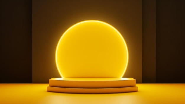 Yellow LED Abstract Minimalistic Product Podium. The Scene for Product Presentation. 3D Room with Geometric Platform Stage Pedestal. Ai Generated Podium Mockup for a Product advertisement.