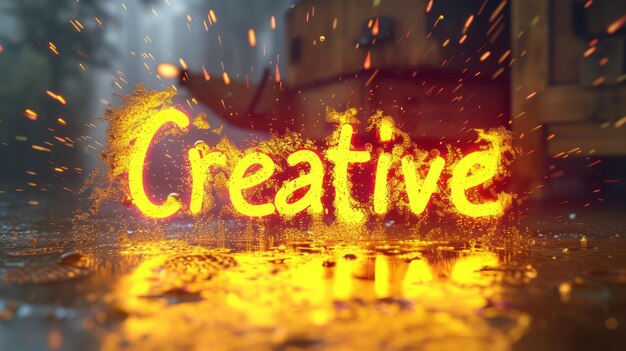 Foto poster d'arte concettuale di creatività a led giallo la parola creativa realizzata in caratteri texturati orizzontali