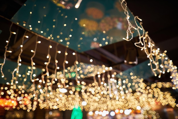 Photo yellow led garlands in the interior closeup