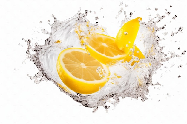 Yellow lemon falling into water splash