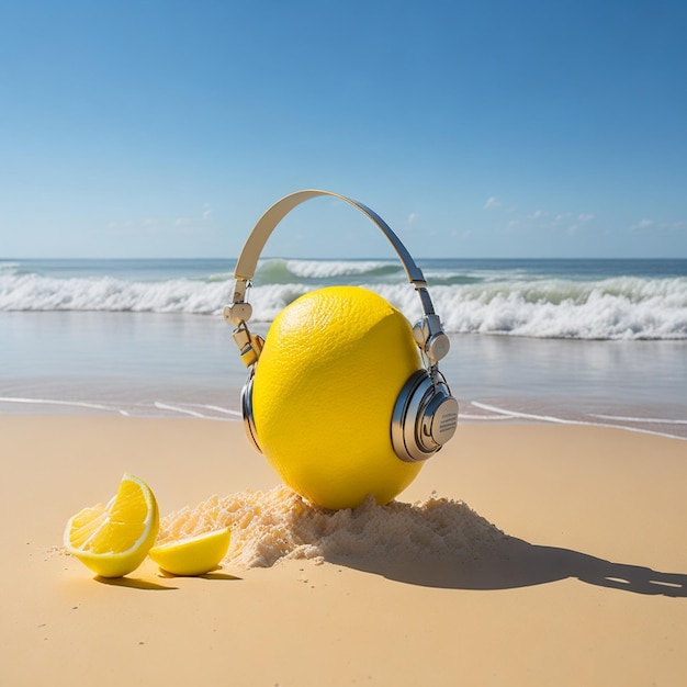 A yellow lemon headphones sits on a beach with a clear blue sky in the background.