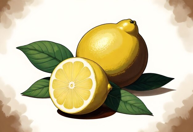 Foto illustrazione di limone giallo opere d'arte digitali pittura di foglie verdi bevande fresche disegno di sfondo