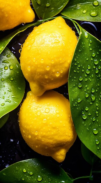 Yellow lemon on the tree style of water drops generative ai