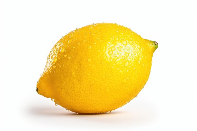 A yellow lemon with a green leaf on it