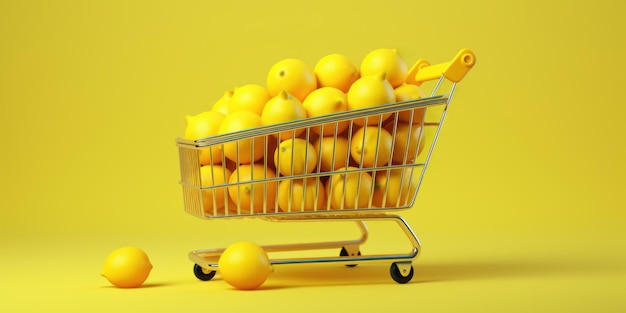 Foto limoni gialli in mini carrello della spesa su sfondo giallo concetto di vitamina c freschezza degli agrumi