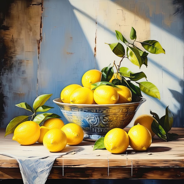 노란색 레몬 오일 페인팅 나무 테이블 배경에 레몬 과일