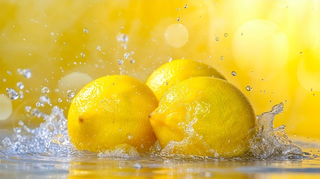 写真 淡い黄色の背景に水にスプラッシュする黄色いレモン ジューシーな喜び レモンの背景