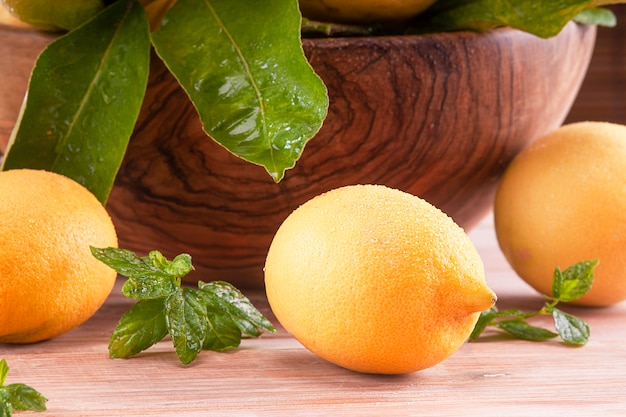 Yellow lemons on a table