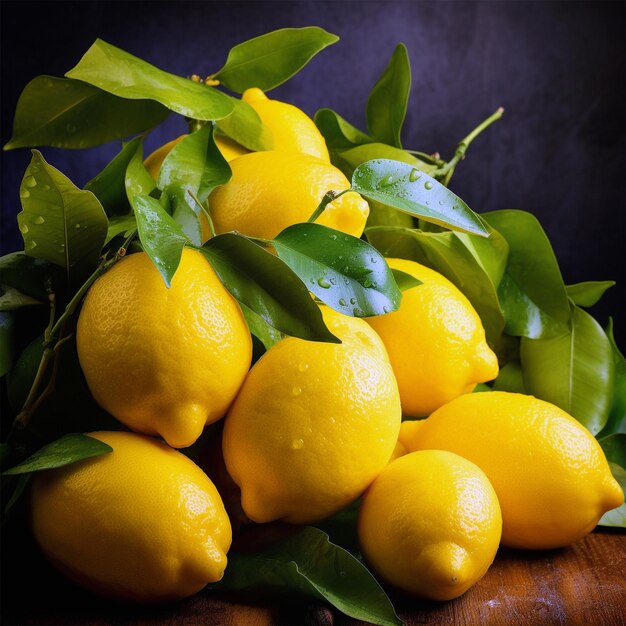 Yellow lemons on a wooden board generated by AI