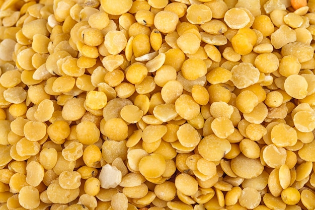 白い背景に分離された黄色のレンズ豆マクロ撮影