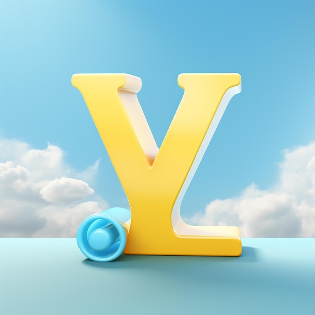 Photo a yellow letter v is on a blue background with clouds and a blue sky.