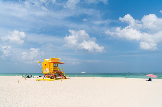 Yellow lifeguard tower of Miami beach in Florida, USA.