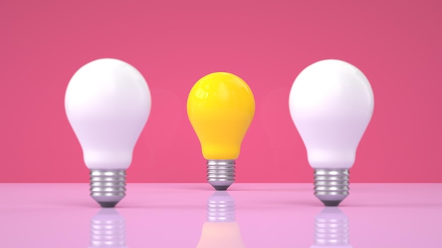 A yellow light bulb stands out against a pink background.