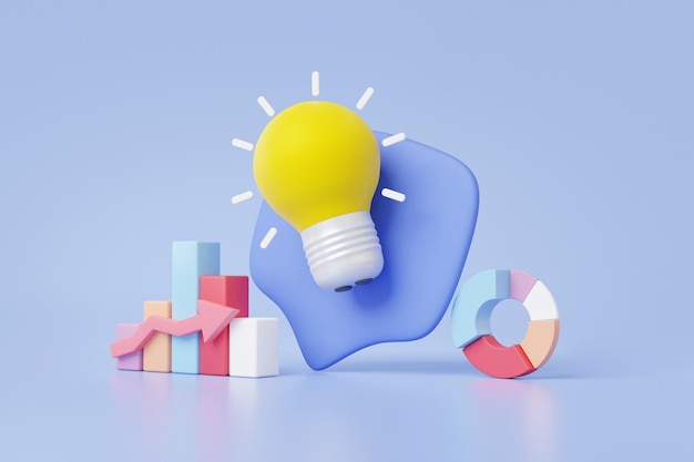 Yellow light bulb strategy chart graph analytics optimization on pastel background investment business development concept statistics finance growth target planning minimal cartoon 3d rendering