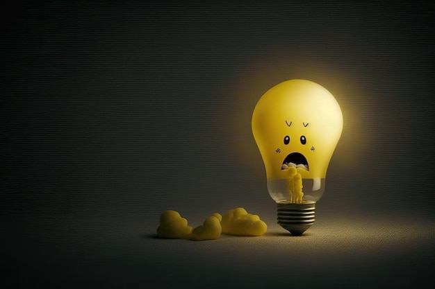 Yellow light bulb with a sad face expressing a mood or feeling Generative AI