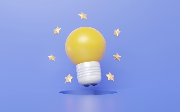 パステルパープルの背景に星が付いた黄色の電球品質競争結合投資スタートアップアイデアコンセプト発明プロジェクトサポート保証保証3dレンダリングイラスト