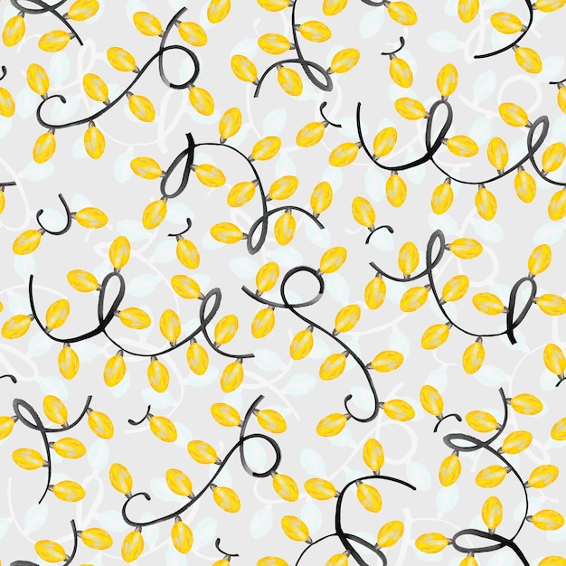 Yellow light bulbs garland festive watercolor seamless pattern