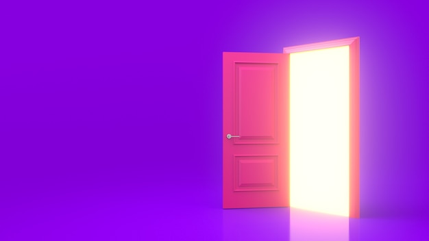 紫色の壁に隔離された開いたピンクのドアの内側の黄色の光
