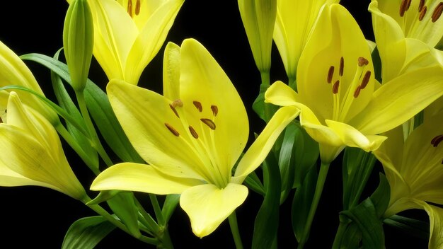 Photo yellow lily blooming flowers timelapse black background