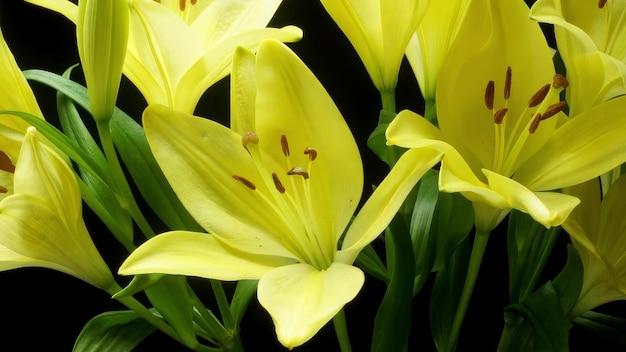 Photo yellow lily blooming flowers timelapse black background