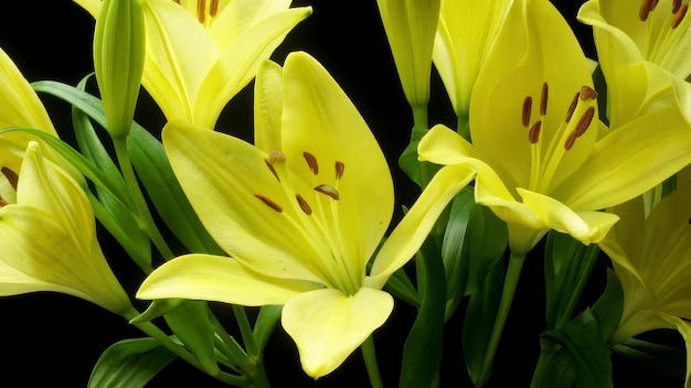 写真 黄色いリリー花がく タイムラップ 黒い背景