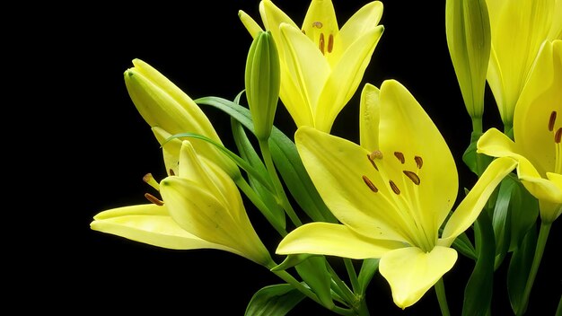 Photo yellow lily blooming flowers timelapse black background