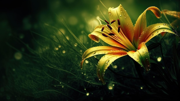 A yellow lily with water drops on the background