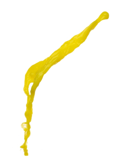 Yellow liquid flying explosion pigment corn banana juice fresh float pour in mid air Yellow paint color splash spill drop abstract White background Isolated high speed shutter throwing freeze stop