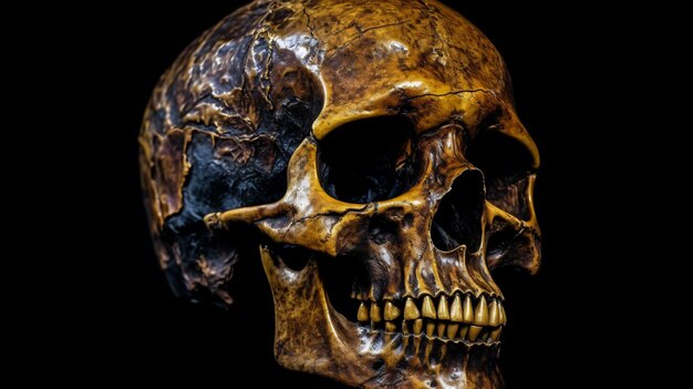 yellow lit skull on a black background