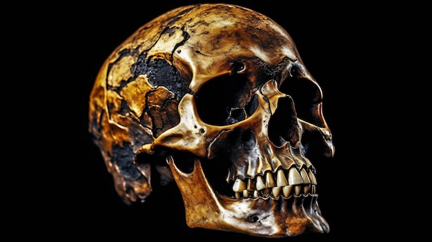 yellow lit skull on a black background