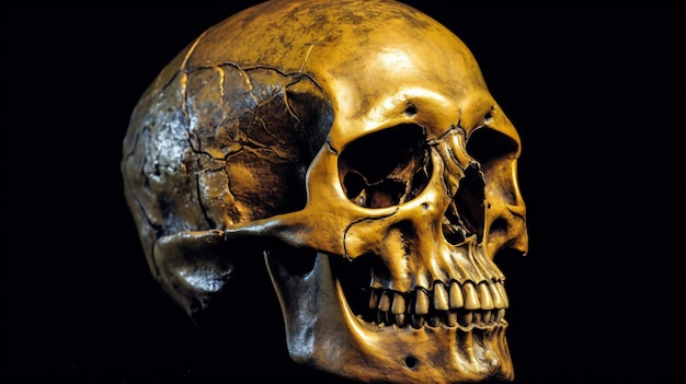 yellow lit skull on a black background