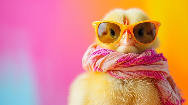 Photo yellow little chicken sunglasses and scarf in studio with a colorful and bright generative ai